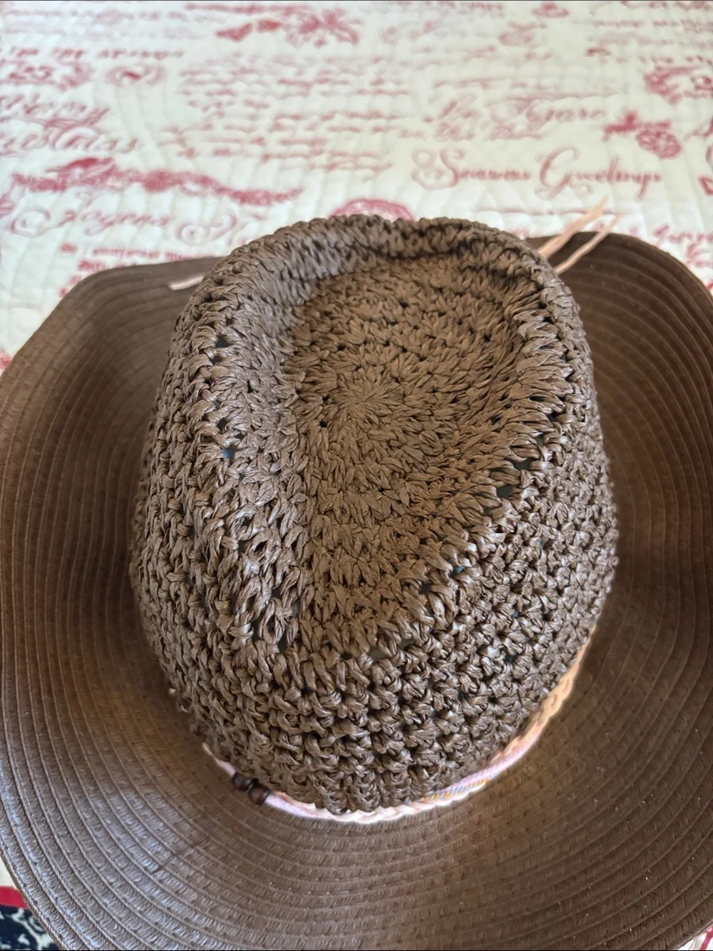 NWT Vince Camuto Brown Braided Straw Bucket Hat with Pink Beaded Accent Band